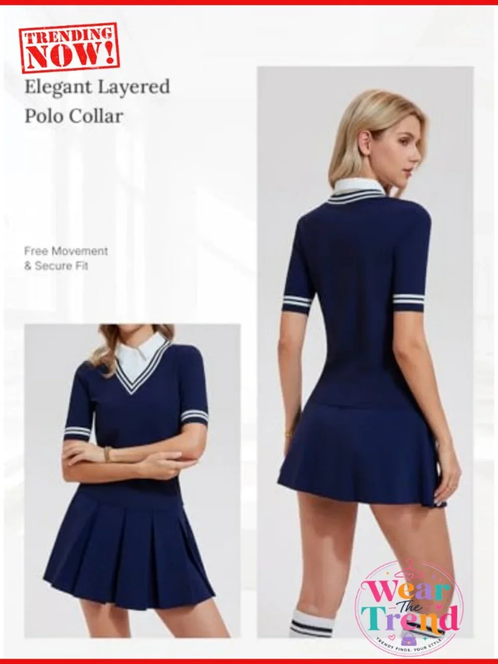 Women's 2 Piece Golf Outfit Set V-Neck Polo Shirt & Pleated Skort Pockets